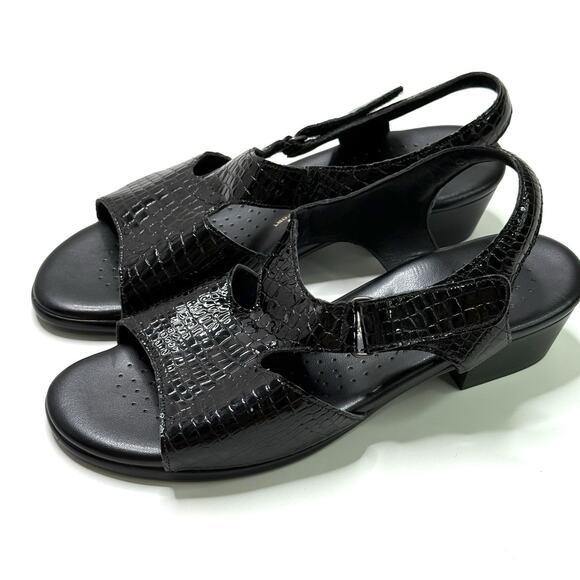 SAS Womens Suntimer Sandals Sz 9 M Black Crocodile Print Leather Hook/Loop USA - Picture 2 of 10